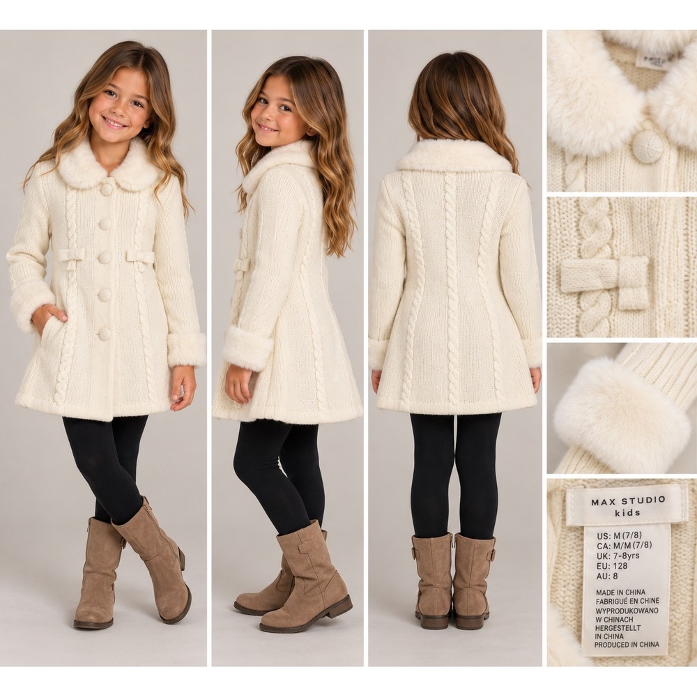 Max Studio Kids Sweater Coat Girls M 7/8 Ivory Old Money Coquette Faux Fur Trim